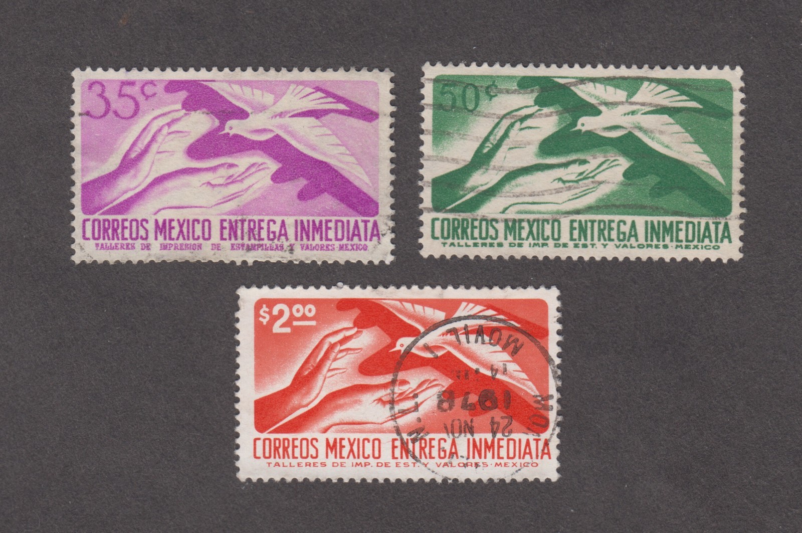 MEXICO 1956-75. 3 special delivery stamps. 35c, 50c, 2p. Hands and dove. Used