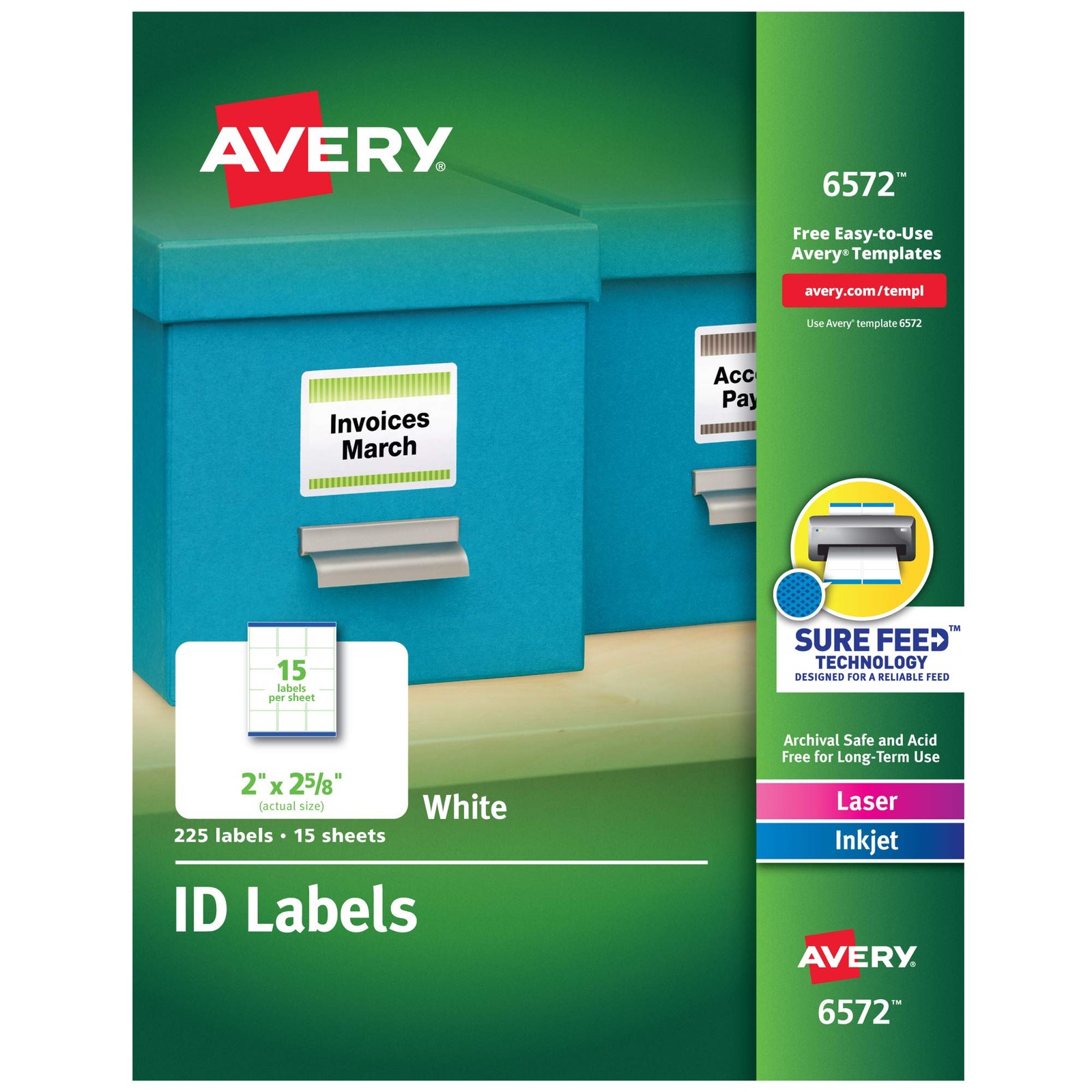 Avery ID Labels, Sure Feed Technology, Permanent Adhesive, 2" x 2-5/8", 225 Labe