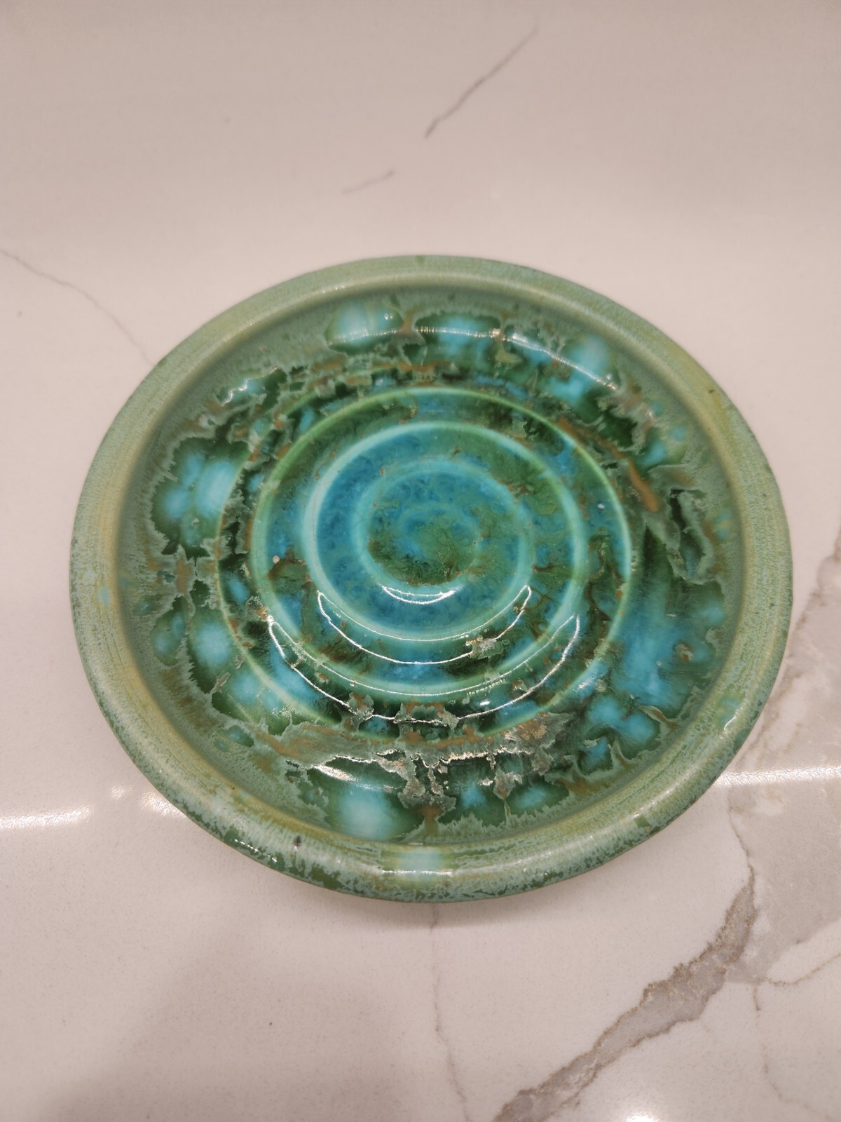 Studio Art Pottery Trinket Dish Bowl With Blue And Green Glaze Signed By Artist