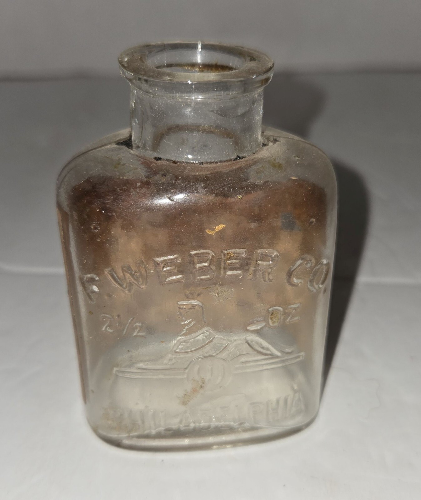 Antique Embossed Glass Bottle Weber Light Drying Oil w/Paper Label Philadelphia