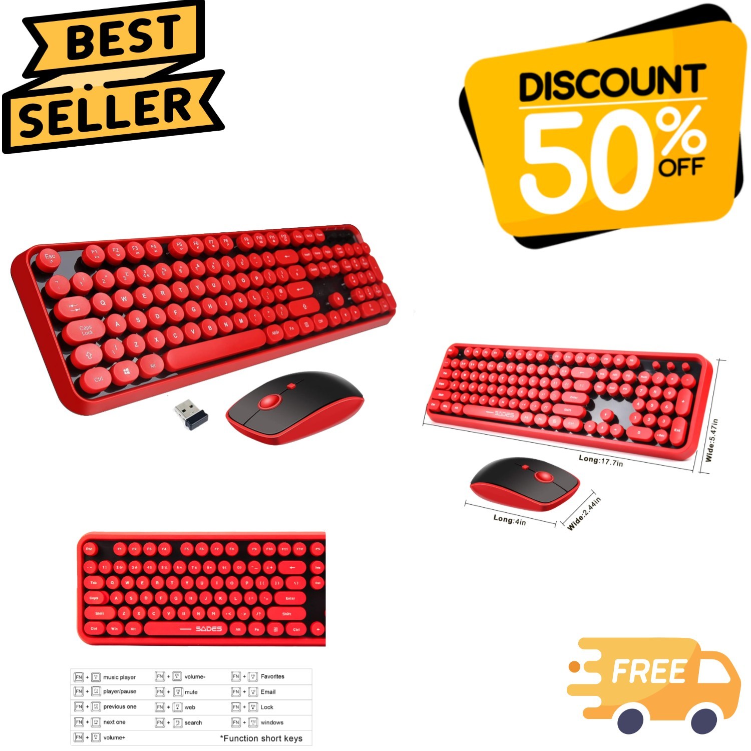 Retro Wireless Keyboard & Mouse Combo with ASMR Clicky Sound - Red 104-Key Set