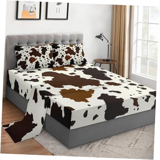 3 Pieces Size Bed Sheet Sets with Pillowcases, Vintage Twin Brown Cow Pattern
