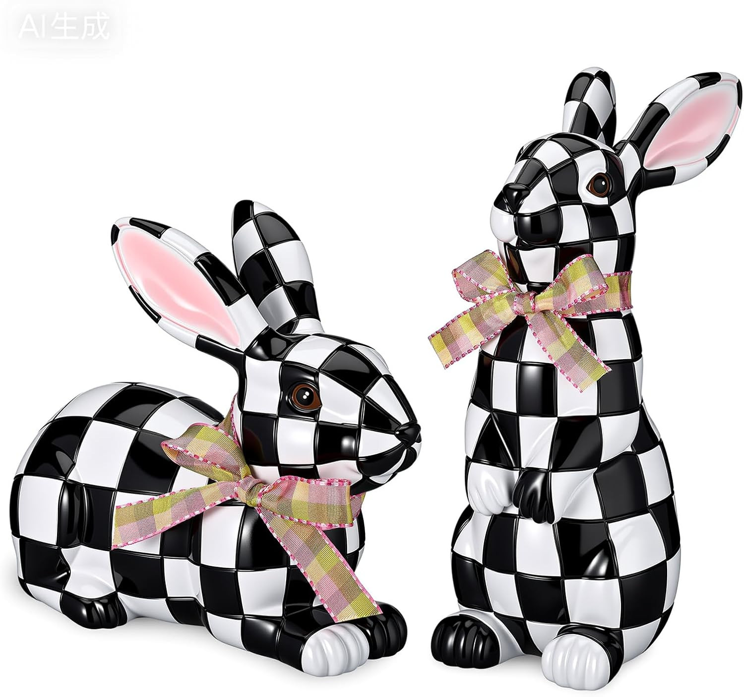 2 Pcs Easter Black and White Bunny Decor Easter Check Plaid Rabbit Statues Gift 