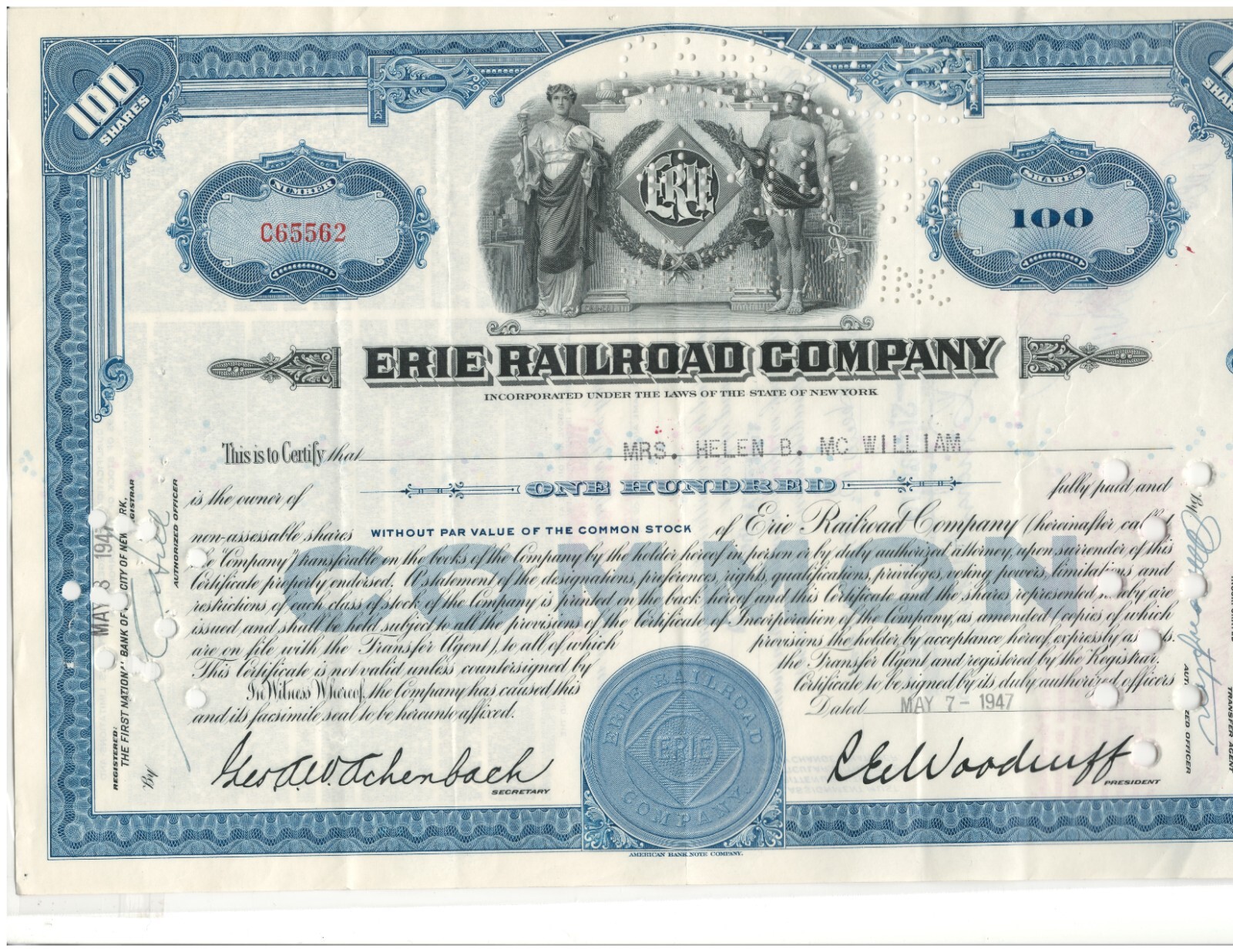 Erie Railroad Co.. Stock Certificate 1947 Green - 100 Shares