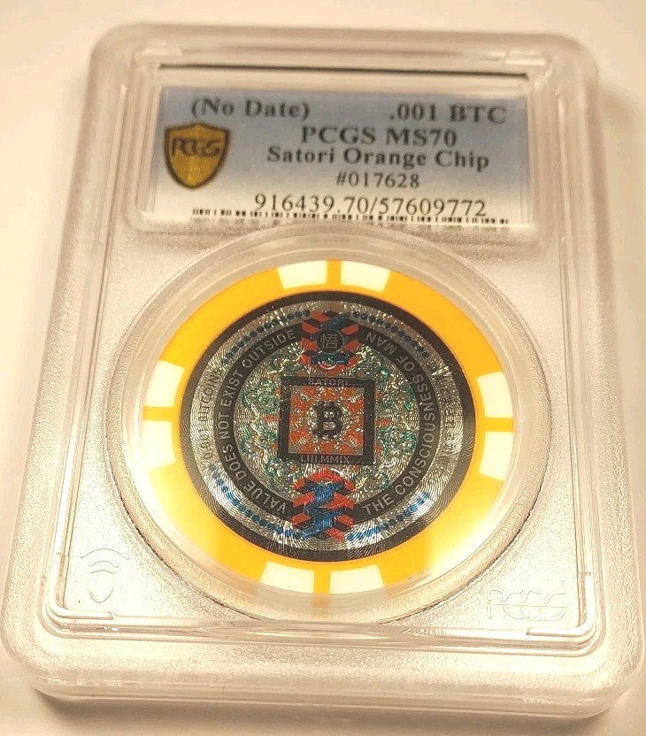 Satori Orange Bitcoin Chip .001 BTC - PCGS MS70  Crypto Collectible #017628