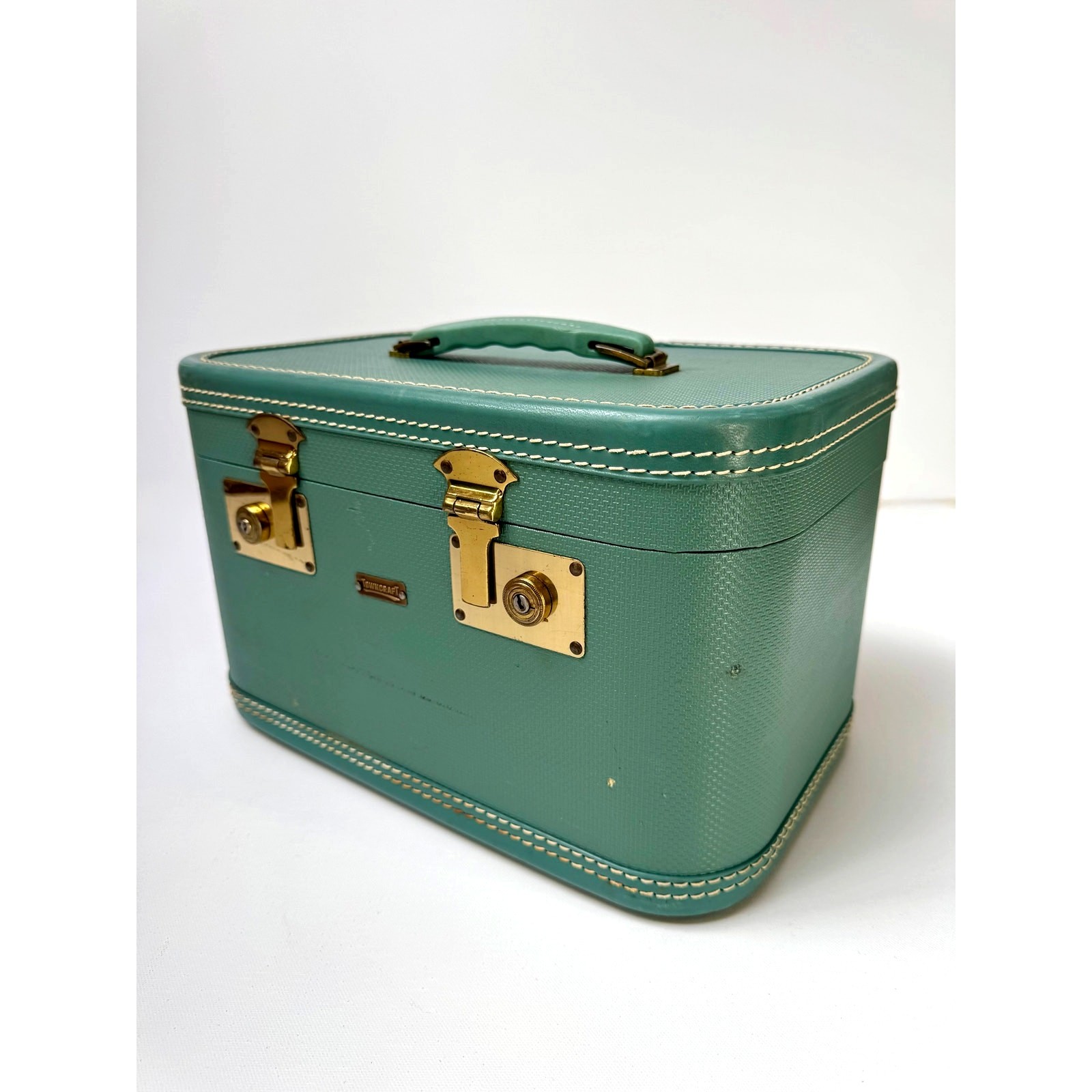 Vintage Towncraft Train Case – Seafoam Green with Brass Hardware, 1950s