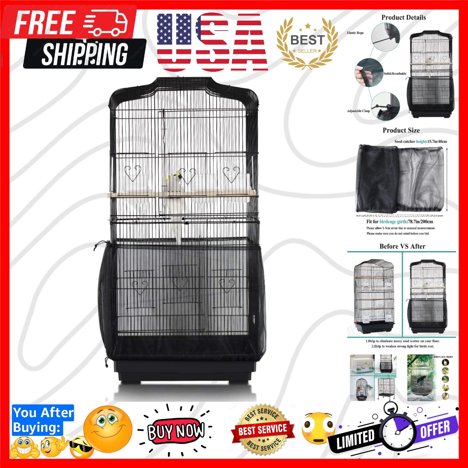 Bird Cage Seed Catcher,Universal Bird Cage Cover Skirt,Adjustable Parakeet Ca...