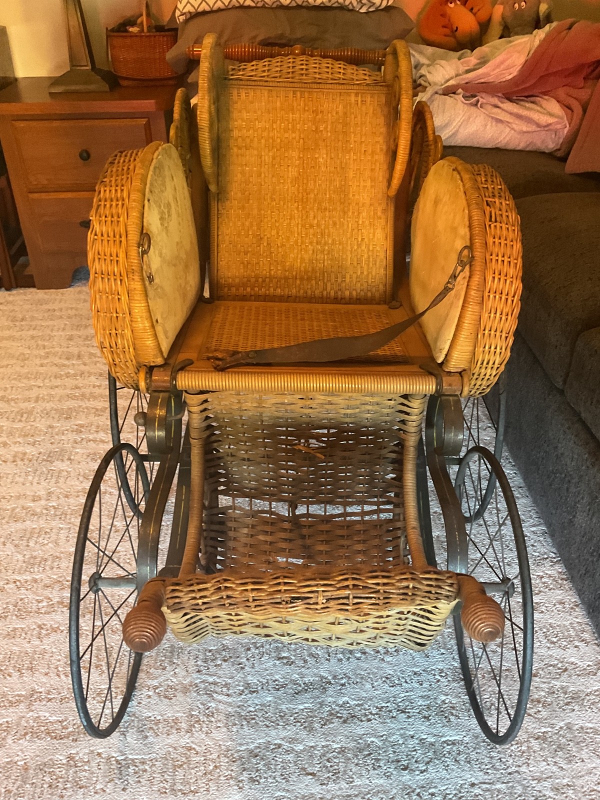 Antique Wicker Baby Stroller With Original Wheels