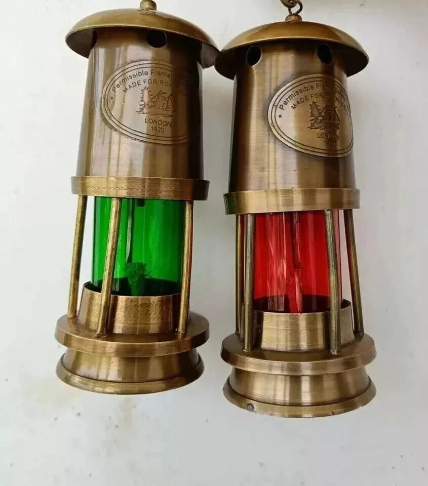 Set of 2 Antique Brass Mini Oil Lamps – Nautical Ship Lantern Maritime Boat