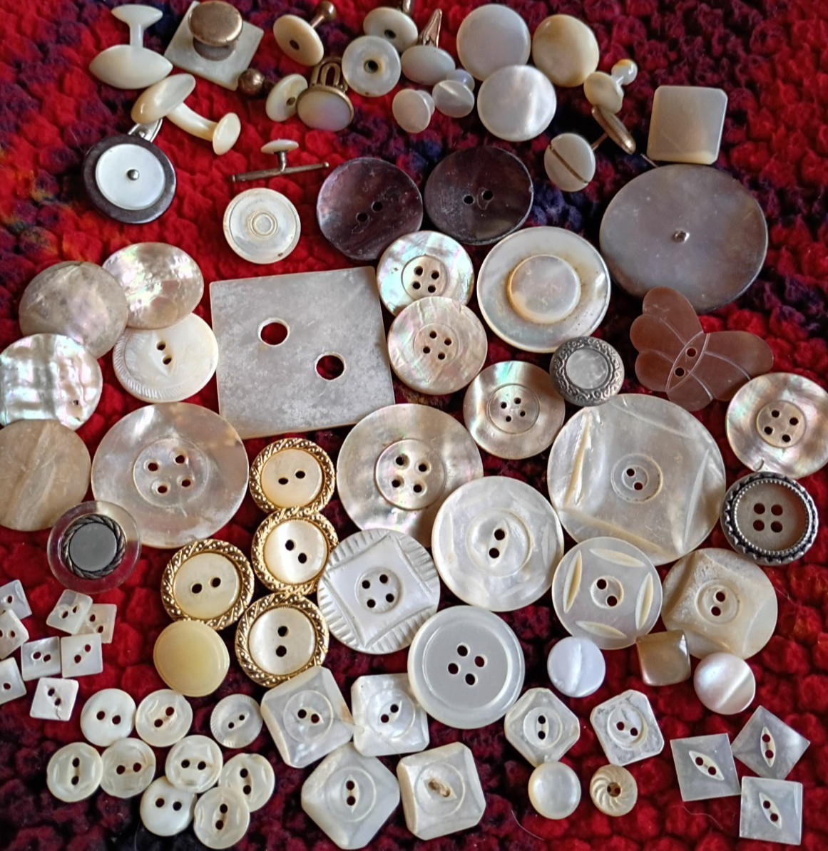 80+ Antique Mother Of Pearl Buttons Hand Carved & MOP Cufflinks Vintage