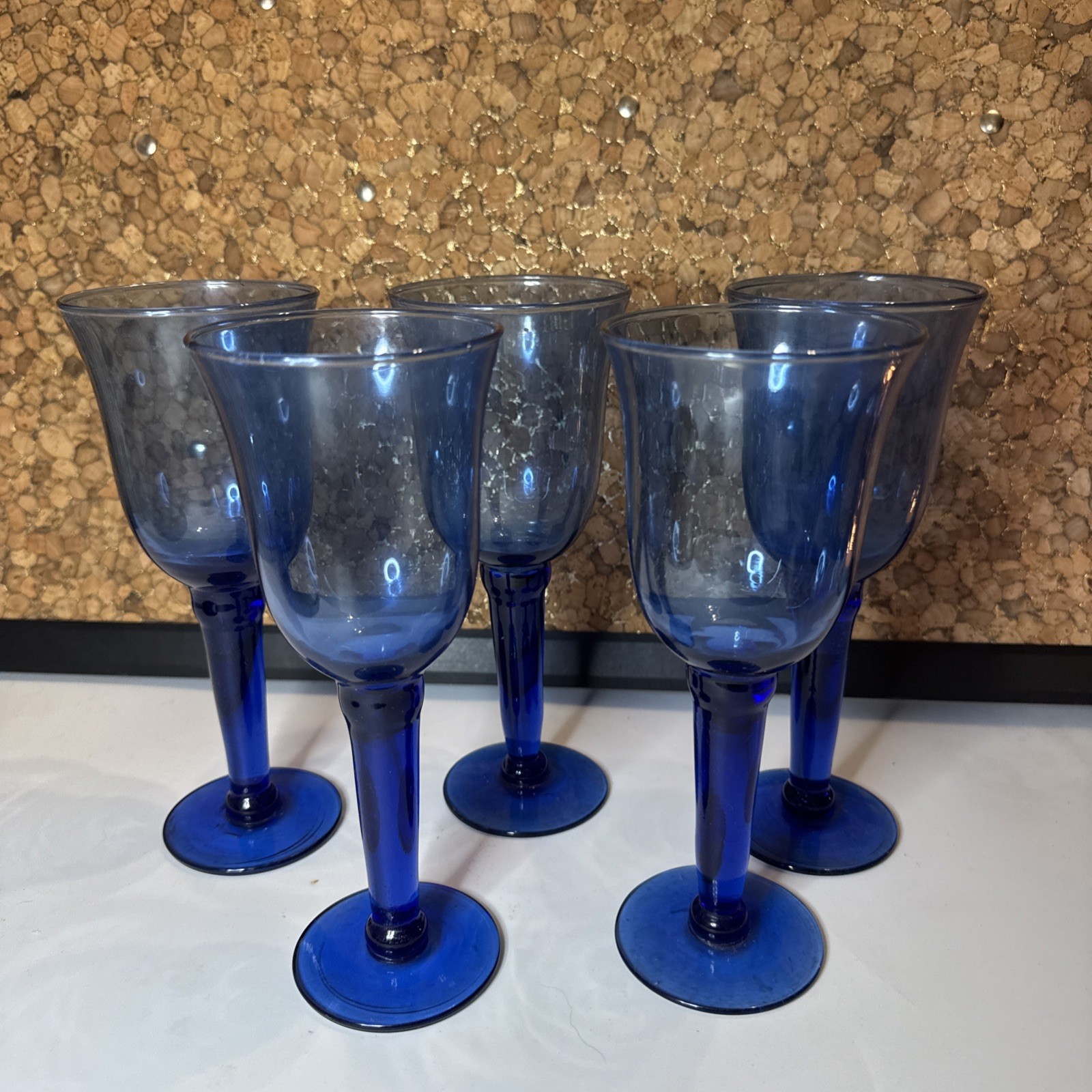 Vintage Cobalt Blue Stemware Set of 5 Wine Water Goblets Indiana Glass Style