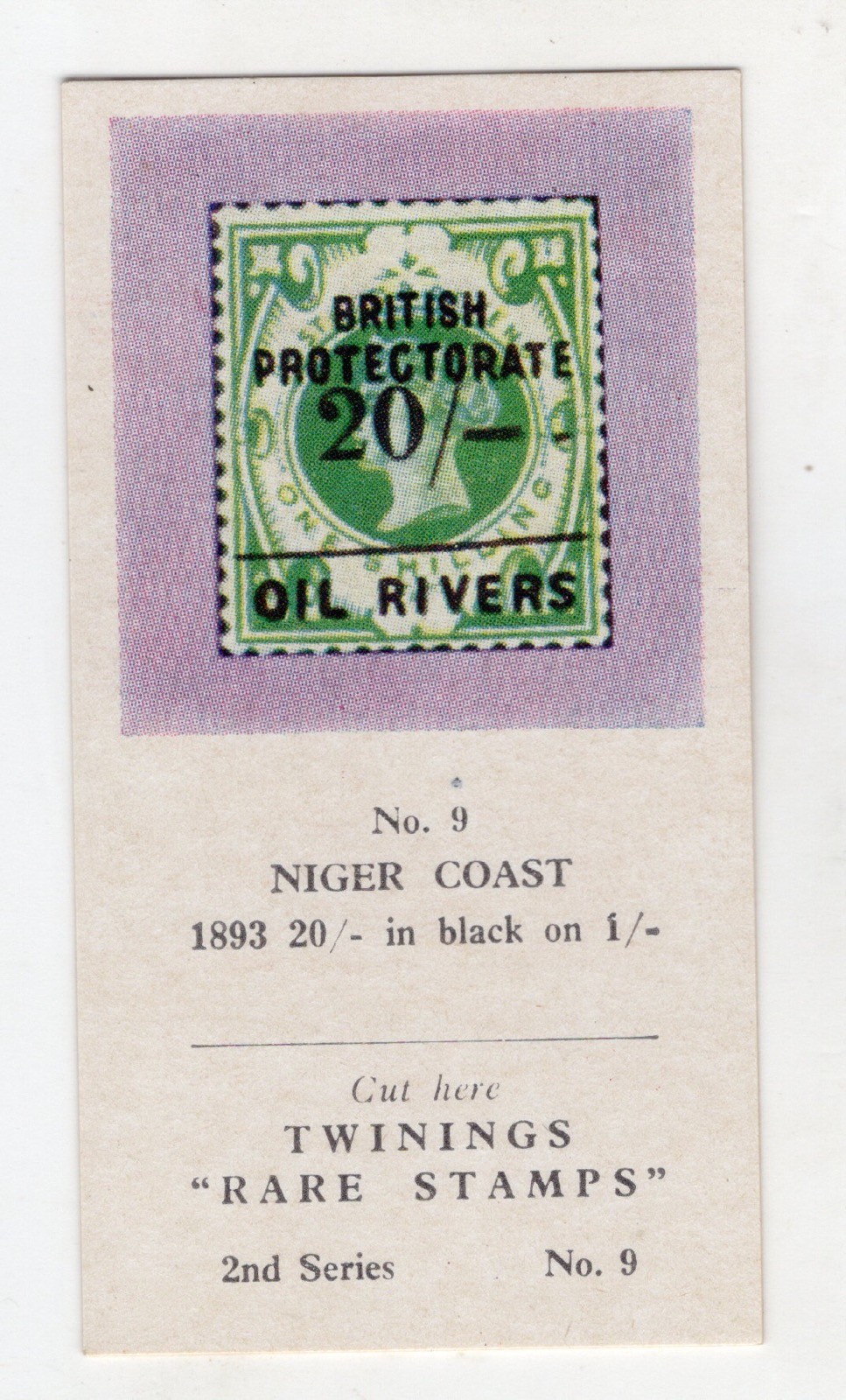Twinings Tea Rare Stamps “CARD” 1960 #09 Niger Coast 1893 20/- in black on 1/-