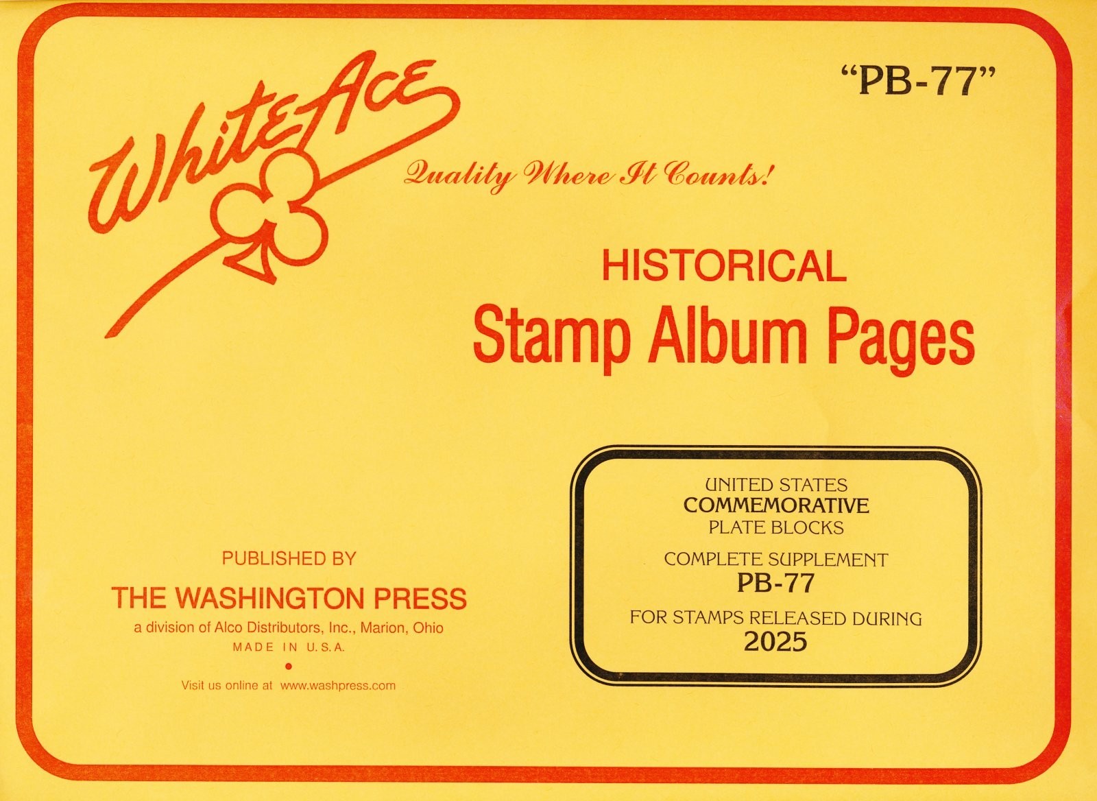 WHITE ACE 2025 UNITED STATES Commemorative Plate Blocks Supplement Pages PB-77