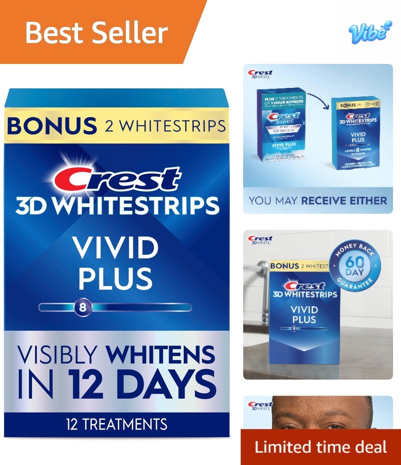 3D Whitestrips Vivid Plus, Teeth Whitening Strip Kit, 10 Treatments + 2 Bonus...
