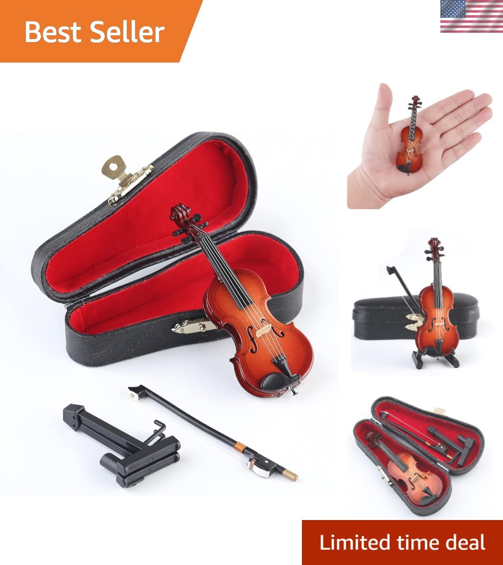 Wooden Miniature Violin with Stand, Bow and Case Mini Musical Instrument Viol...