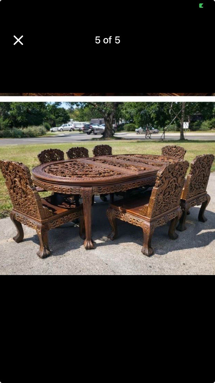 Antique Hand Carved Solid Wood Chinese Dinning Set. 8 Chairs And Two Leaves.