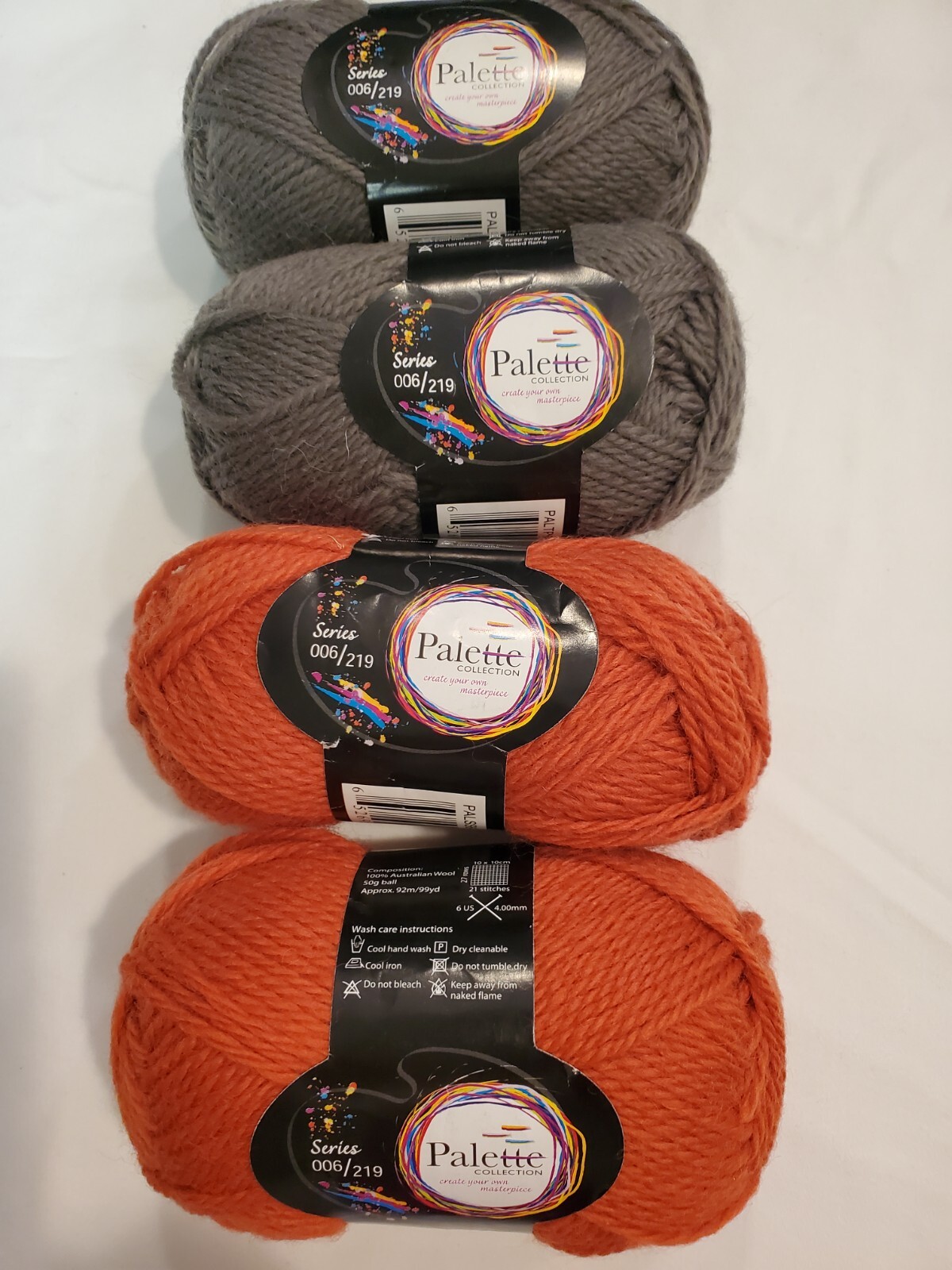 Palette series 006 yarn. 100% Austrailian wool.  1.75 oz. 2 Terracotta, 2 olive.
