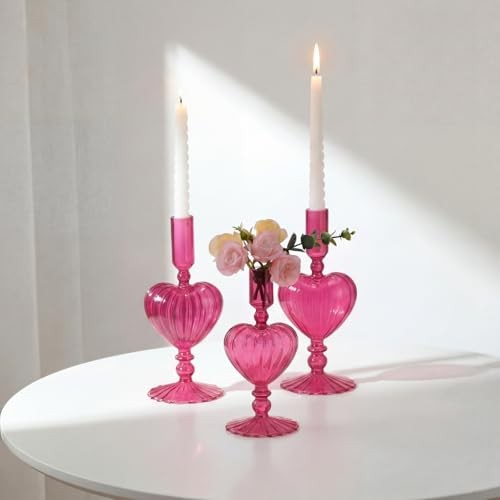  3 Pcs Hot Glass Candlestick Holders Heart Candle Holders Glass Magenta Elegant