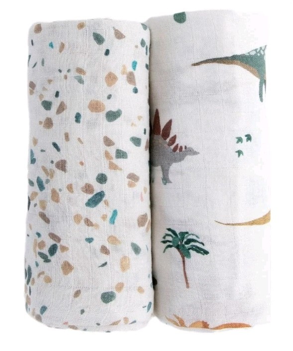 Red Rovr 100% Organic Cotton Muslin Swaddle Infant Blanket 2 Pk, Unisex, Dino...