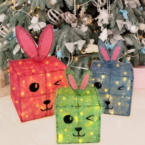 Easter Decorations Lighted Gift Boxes Set of 3, Bunny Light Up Bunny Gift Boxes