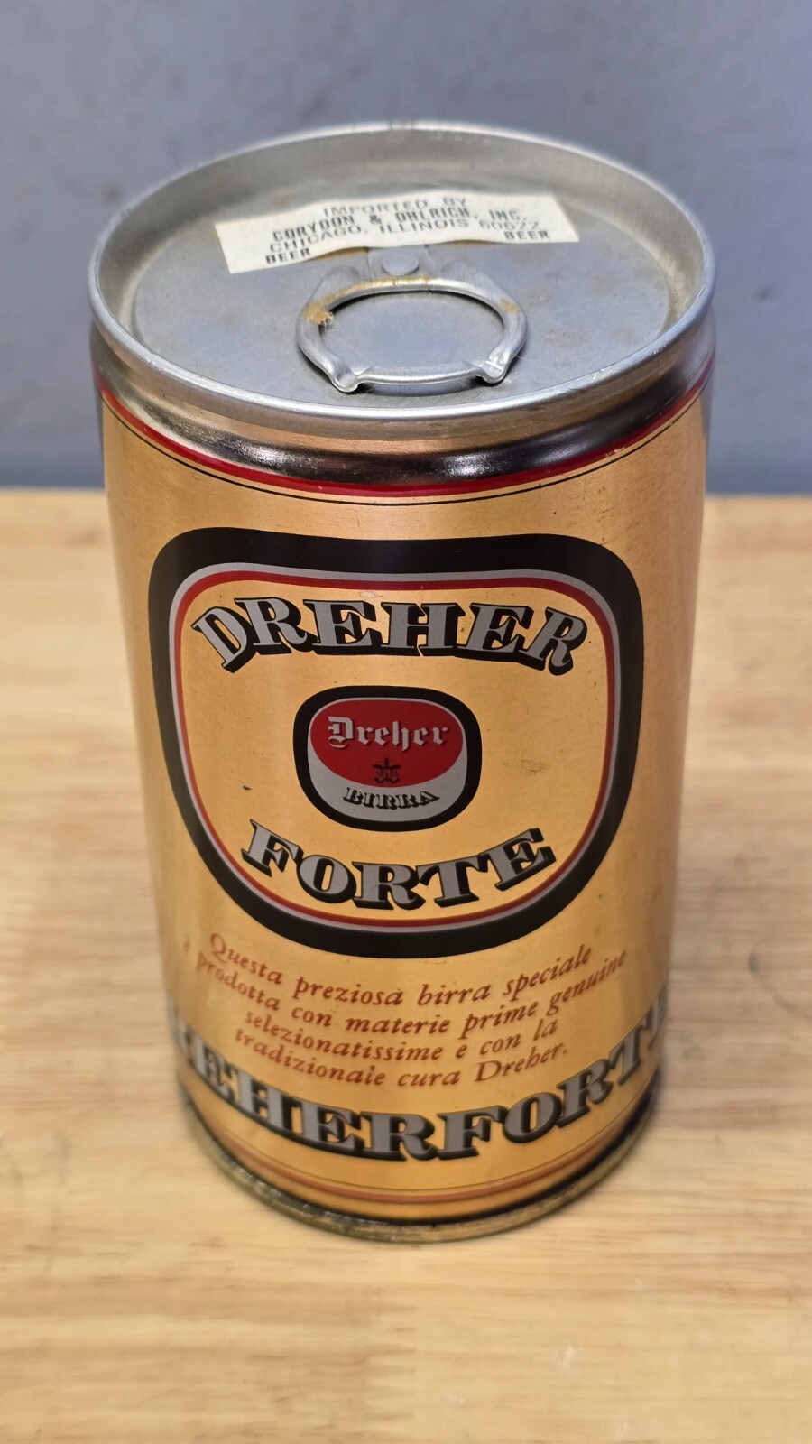 Vintage DREHER FORTE Beer Can Italy Pull Tab Intact Empty Gold Label Import