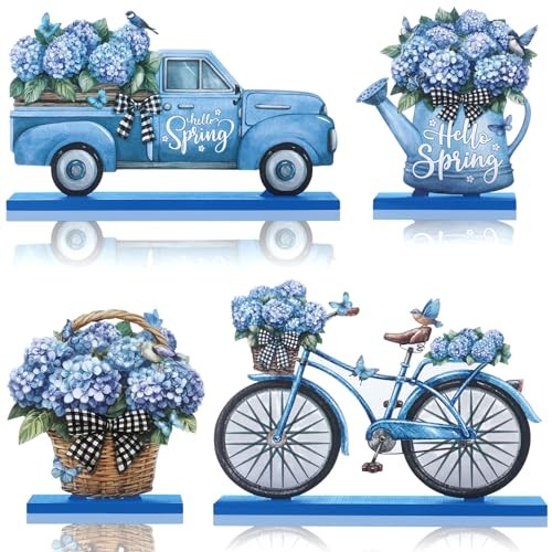  4 Pcs Spring Table Centerpieces Decorations Hello Spring Wooden Hydrangea Blue