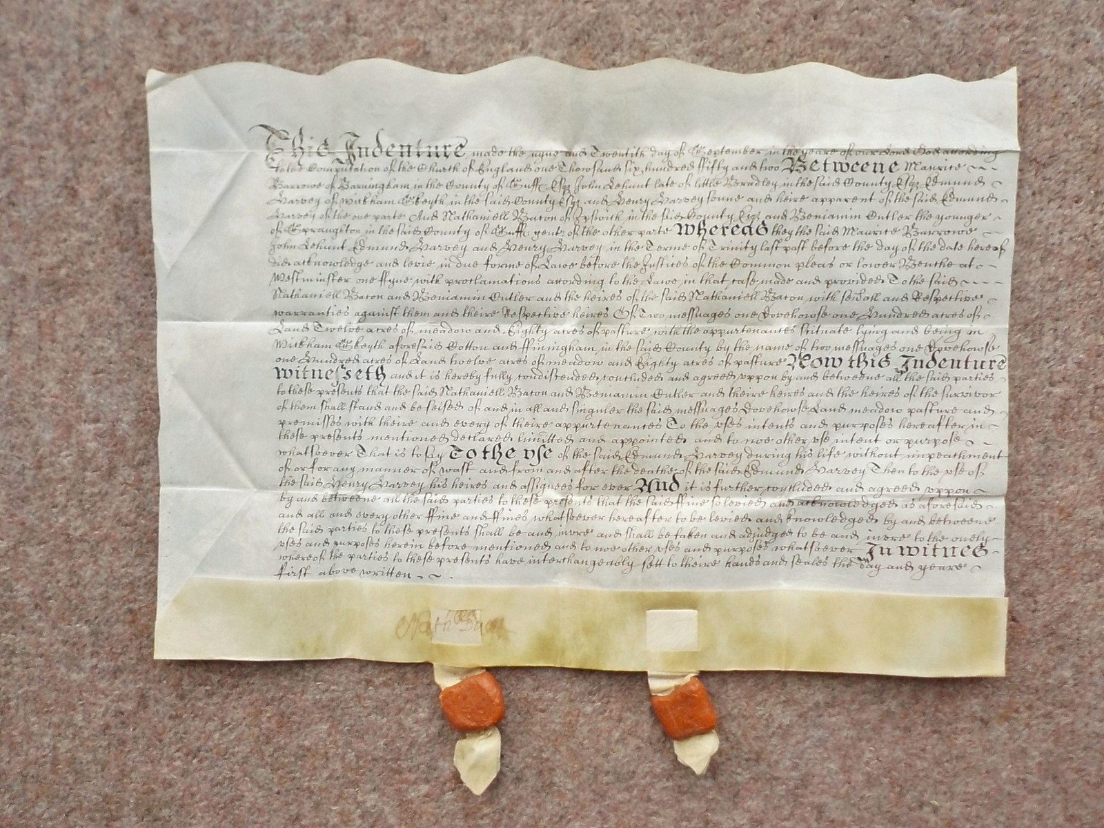 1652 Wickham Skeith Suffolk Vellum Deed Indenture Calligraphy Wax seals