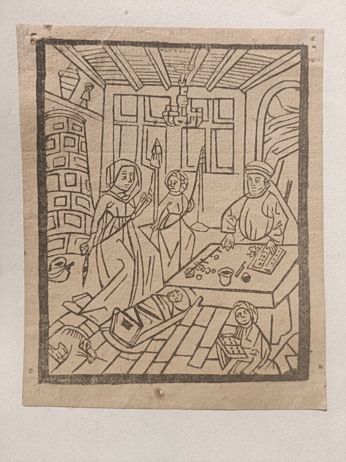 Antique Woodcut Print Family in a Room 1823 German 19thC After the Original