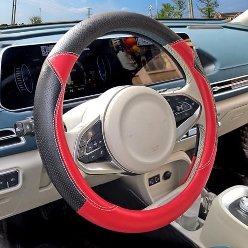Cute Red Black Leather Steering Wheel Cover for Women Men Car BALCK-RED