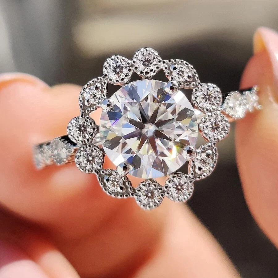 3.00 TCW Round Cut Moissanite Milgrain Engagement Ring Solid 14K White Gold