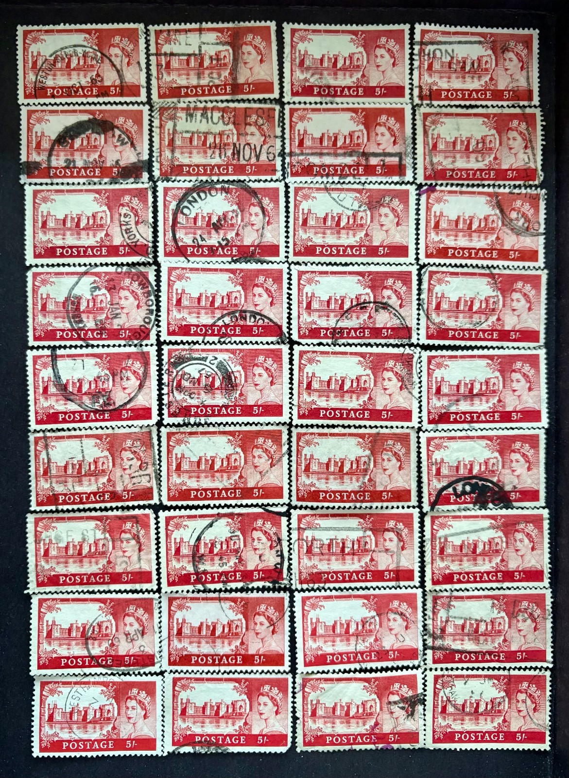 Great Britain - collection of 36 1955 stamps, Scott #310, 1955, 5sh, used, VG/VF