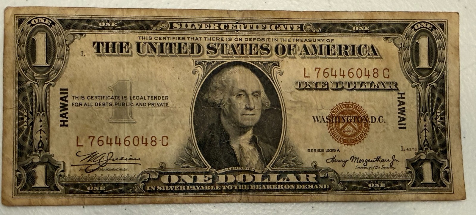 1935-A HAWAII brown seal $1 silver certificate. Emergency Issue. F+ L76446048C