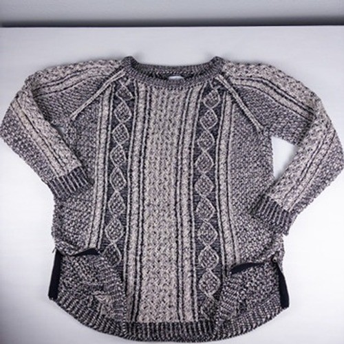 LL Bean Signature Fisherman Sweater Women Large Black White Cable Knit Tunic Zip