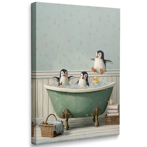 Amovlov Funny Bathtub Penguin Wall Print Funky Yellow Duck Canvas 24"L x 16"W