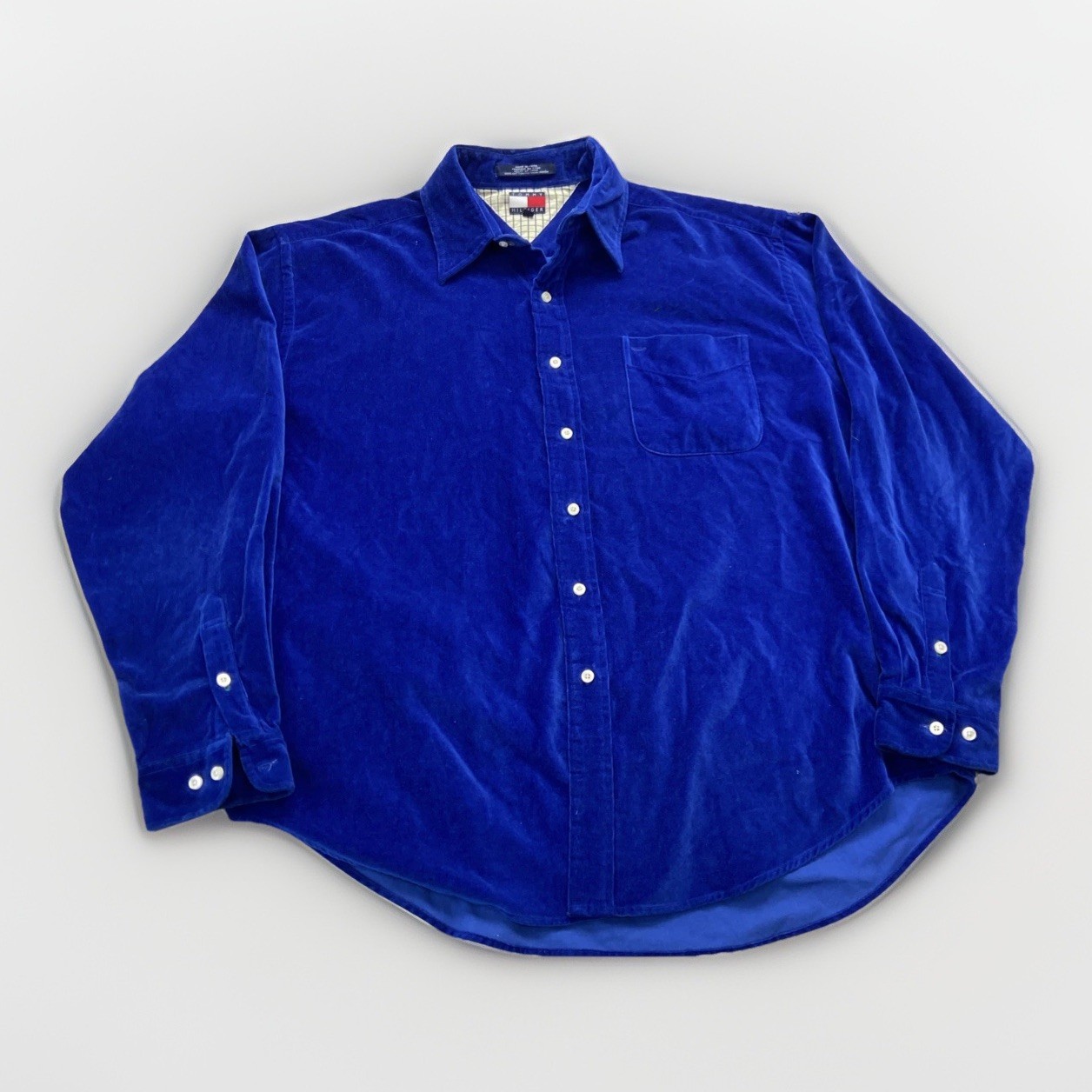 Vintage Tommy Hilfiger Shirt Mens XL Blue Velour Cotton Button Front Y2k