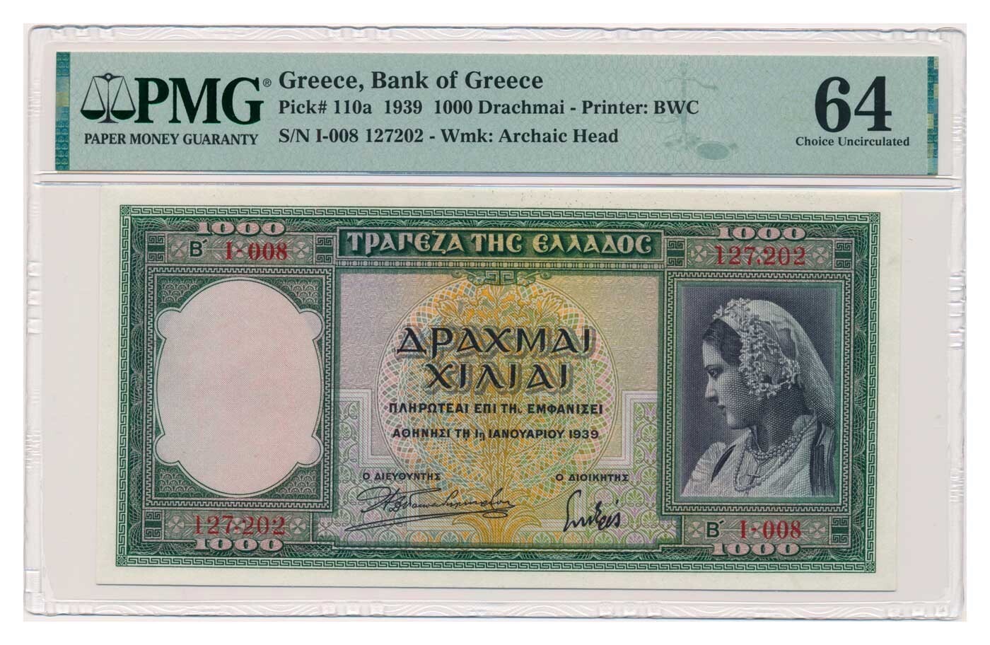 GREECE banknote 1000 Drachmai 1939 PMG MS 64 Choice Uncirculated