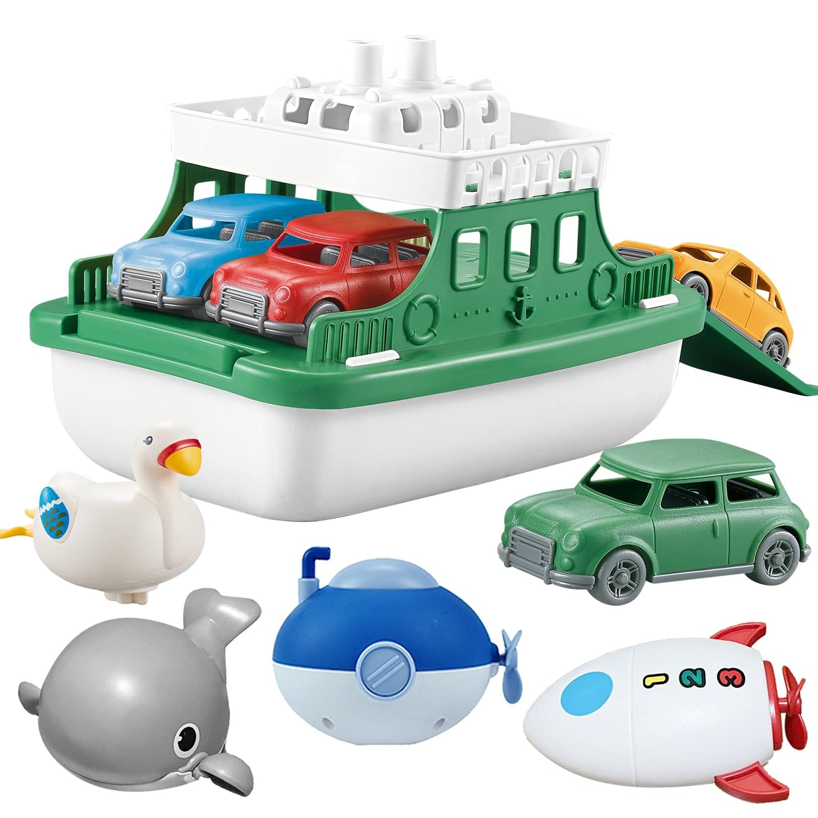 Ferry Boat with 4 Car and 4 Wind Up Bath Swimming Toys, Kids Bath Toy Floatin...