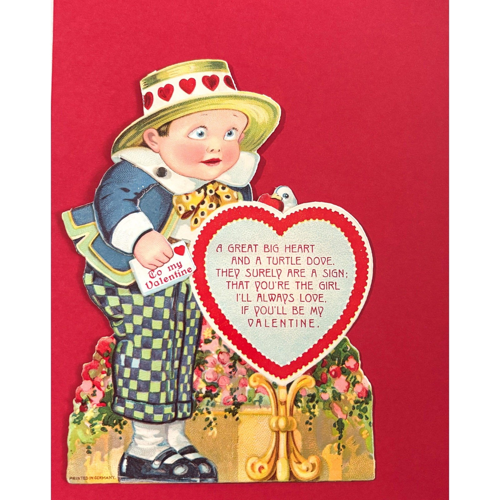 Antique Mechanical Valentine Card – German Printed Moving Boy & Dove