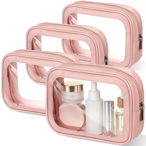  4 Pcs Clear Makeup Bag PU Leather Tsa Approved Toiletry Bag with Zipper Pink