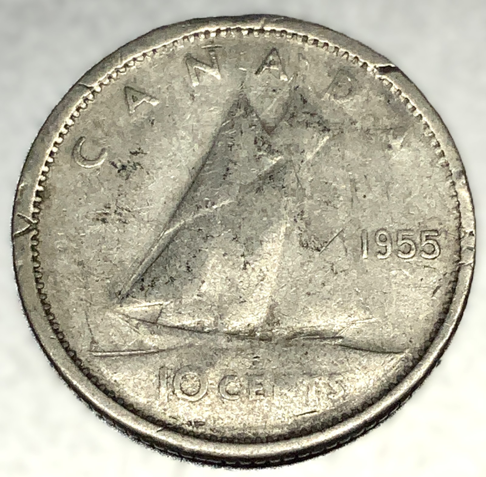 1955 Canada 10 Cents Dime 0.8000 Silver ASW 0.06 Oz Coin Free Shipping - 2480