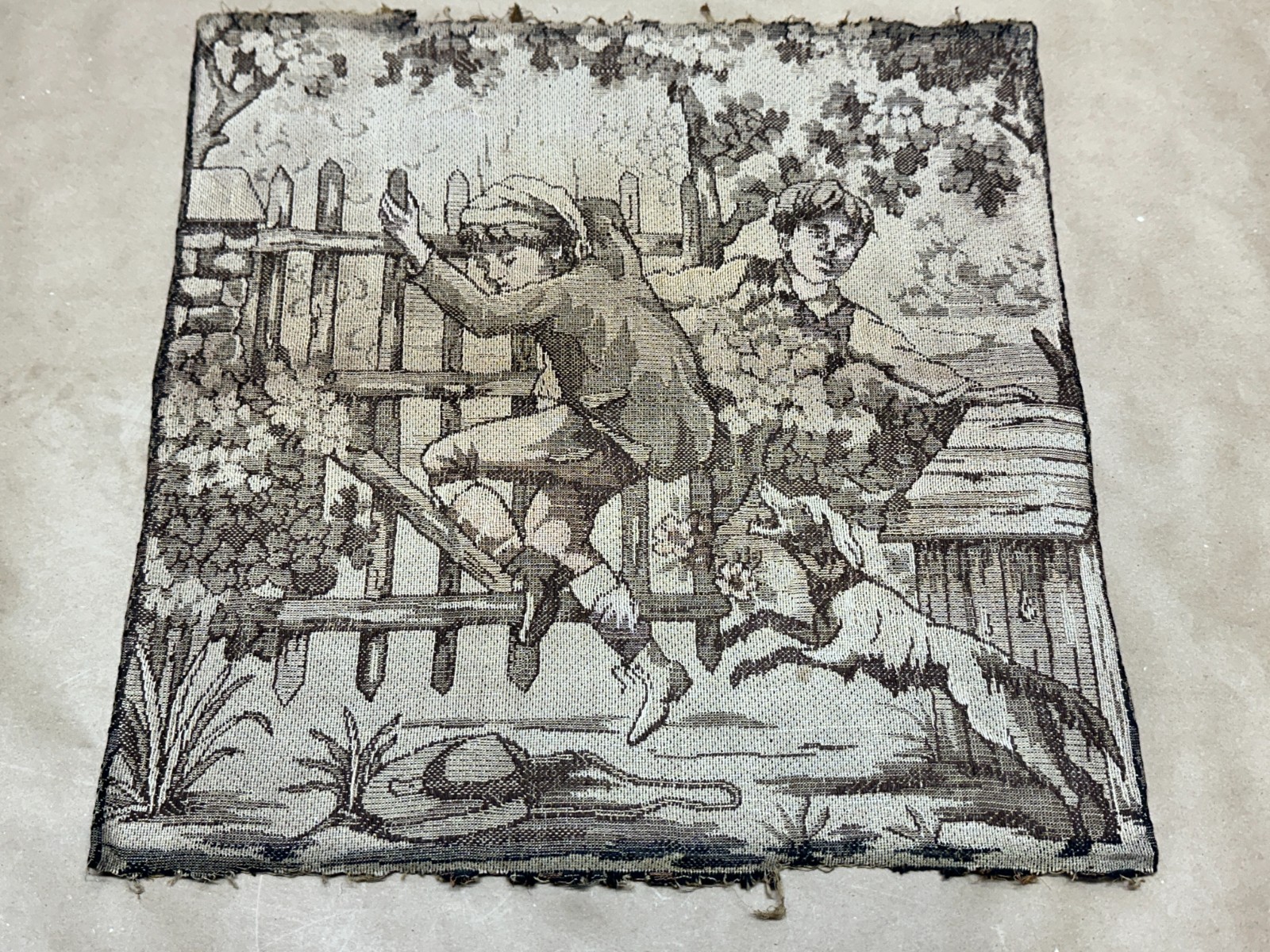 Vintage Tapestry Woven Textile 17" x 17" Dog Chasing Boy Over Fence