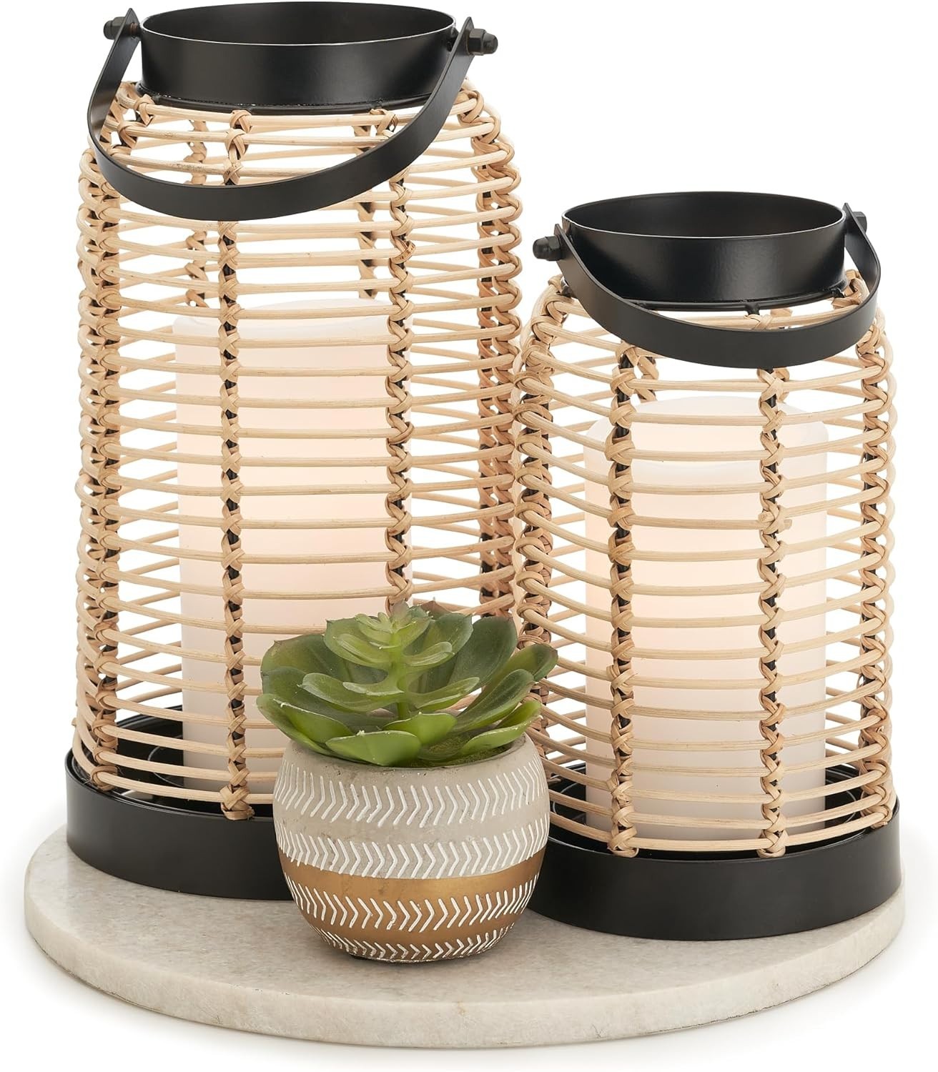 Natural Rattan Boho Lanterns – Handwoven Decorative Candle Holders (Set of 2)