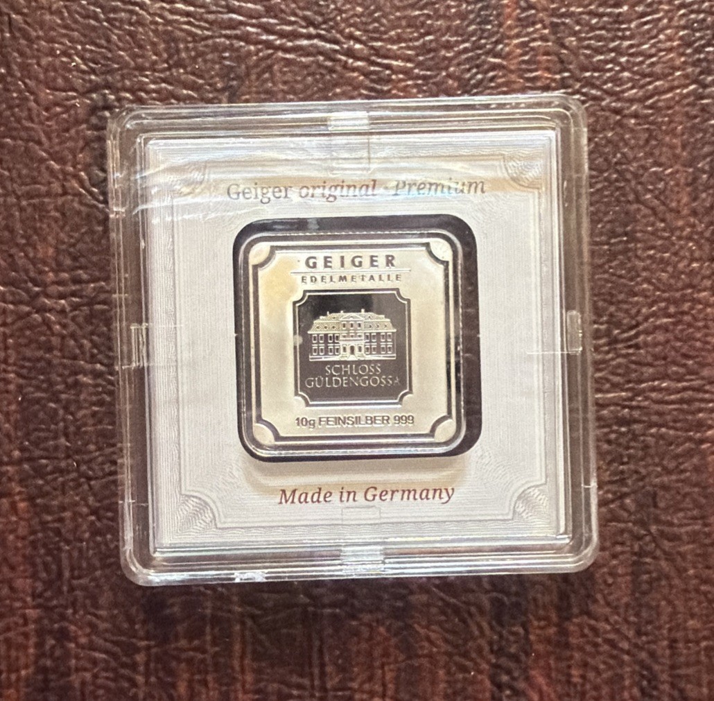 Geiger Edelmetalle Schloss Güldengossa 10 gram .999 Fine Silver Square Bar