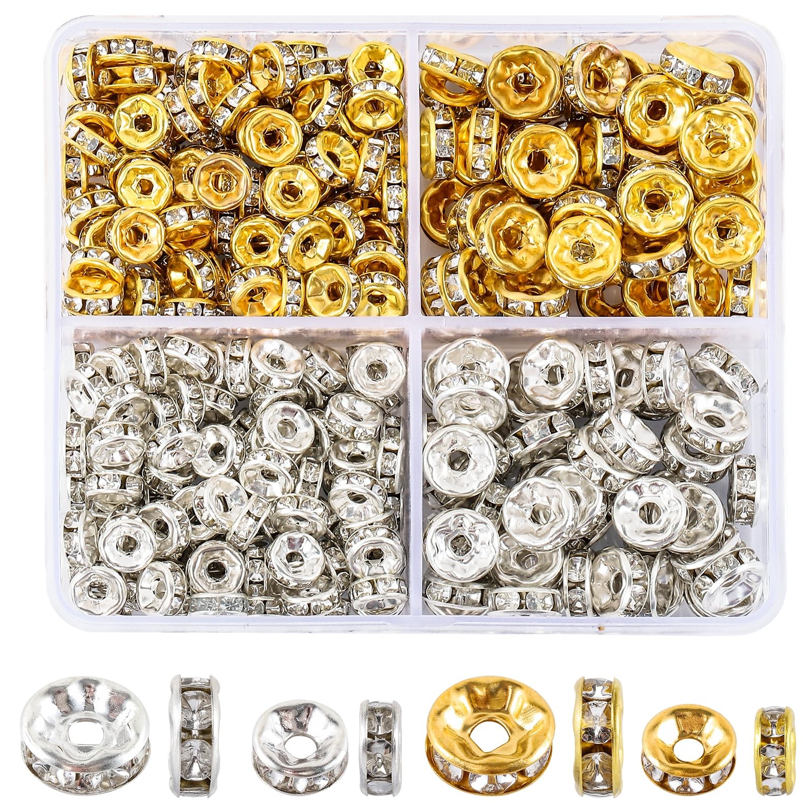 345PCS Rondelle Spacer Beads for Jewelry Making, 6mm and 8mm, Gold Silver 
