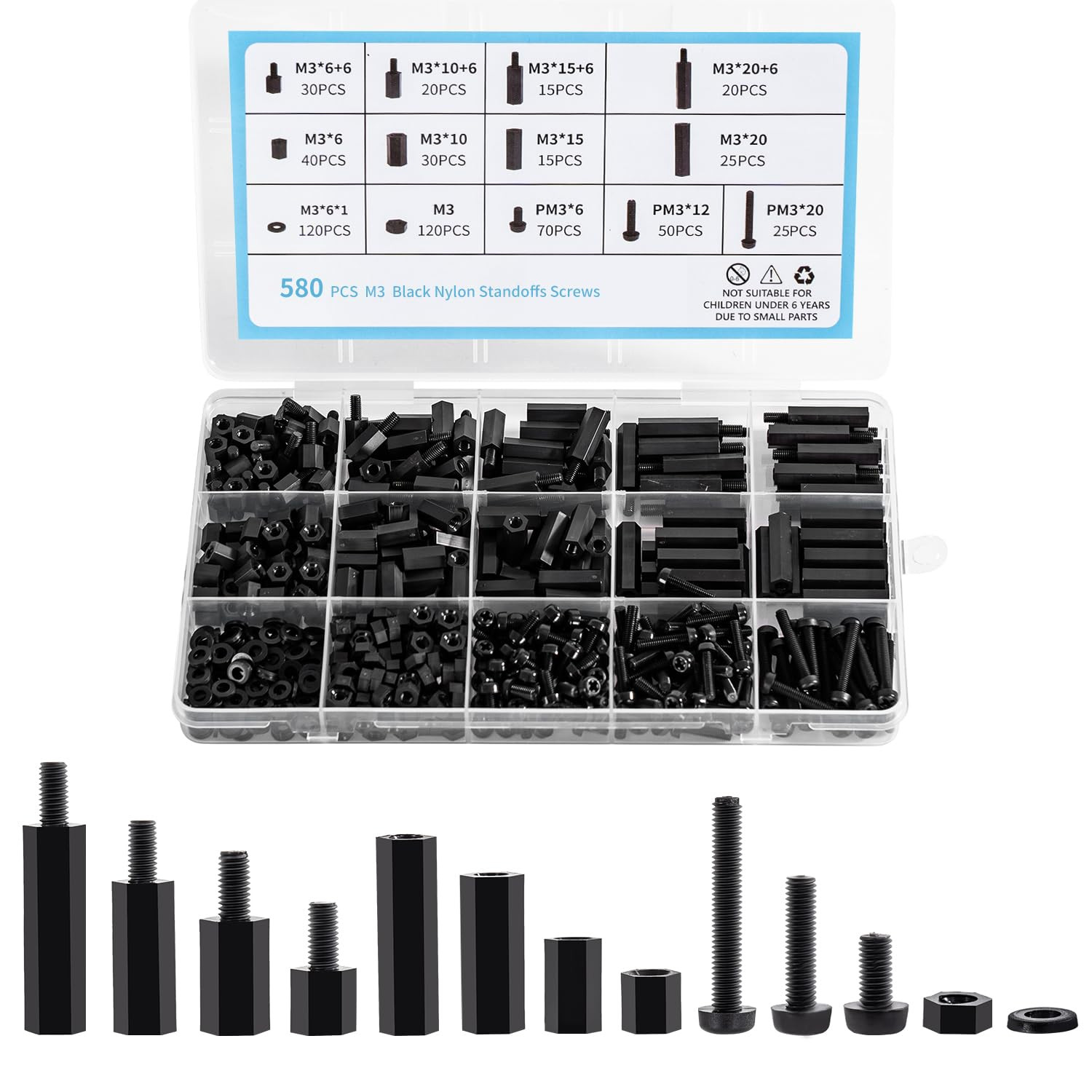 580 PCS M3 Black Nylon Standoff Kit with Spacers, Screws, and Nuts - Motherboard