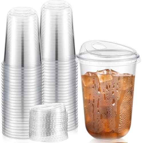 50 Sets Plastic Coffee Cups with Sip Lids, Disposable Plastic PET 16 oz Clear