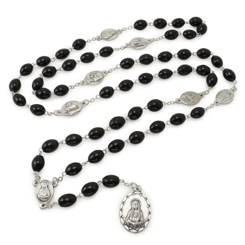 Seven Sorrows of Mary Rosary Chaplet Oval Black Wood Beads - 8(mm), 