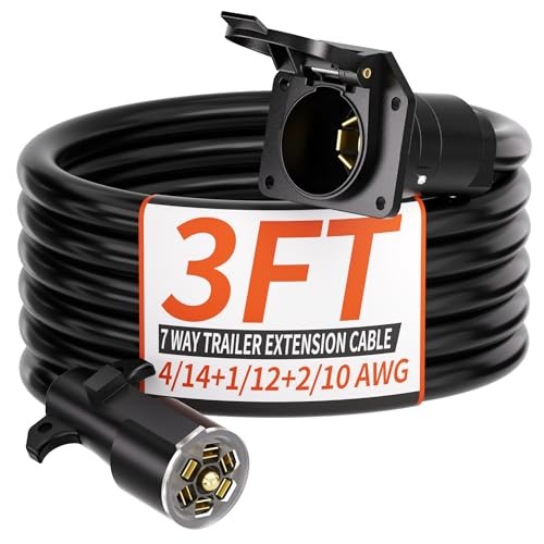 3 FT 7 Way Trailer Plug Heavy Duty Cord 4/14+1/12+2/10 AWG 7 Pin Trailer 3ft