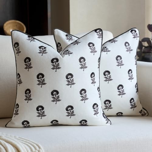 Embroidered Floral Pillow Covers 18x 18 Set of 2 18" x 18" (Pack of 2) Black