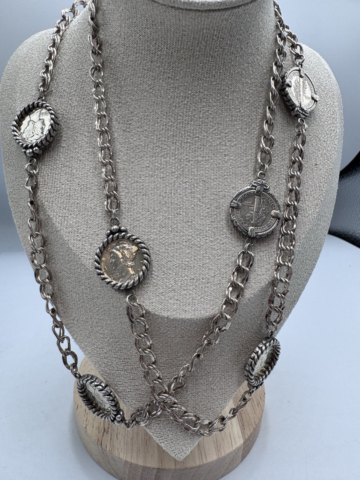 Navajo sterling Native American Mercury Head Dime Necklace  80g 36"